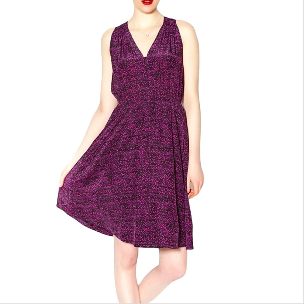 Rebecca Taylor Mini Ink Dot Blouson Purple Black 100% Silk Midi Dress
